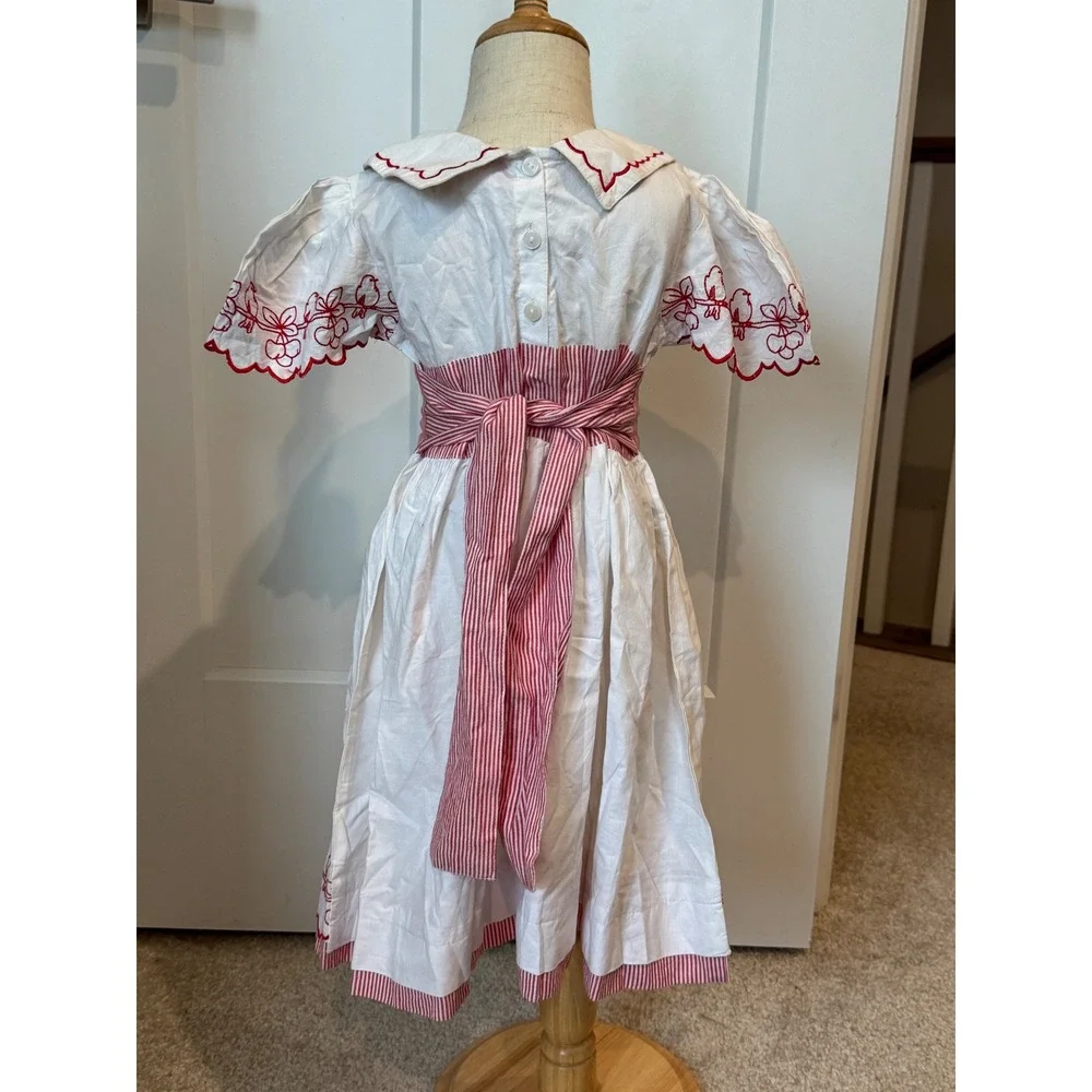 Powell Craft England Girls White Red Embroidered Bird Cotton Dress 4-5Y Vintage